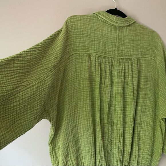Easel Gauzy Top S Green Boho Dolman Half Sleeve Tie Front Button Collar - Picture 7 of 8